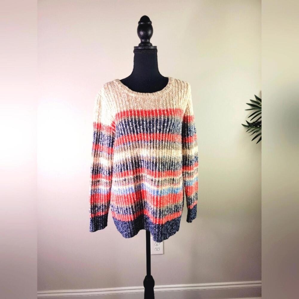 LL Bean Womens Large Multi Color Striped Shaker‎ Stitch Knit Crewneck Sweater - Picture 2 of 5